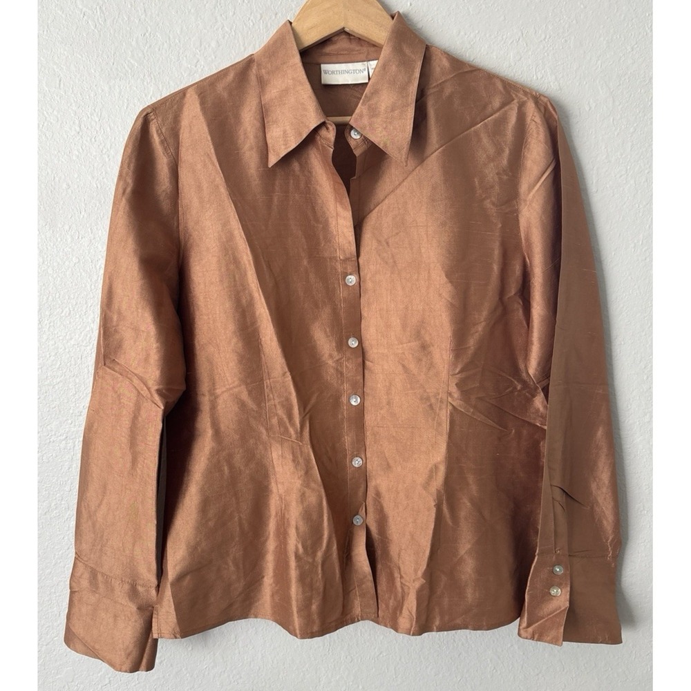 Worthington 100% Silk Shot Changeant Blouse Orange Iridescent 90s Quiet Luxury